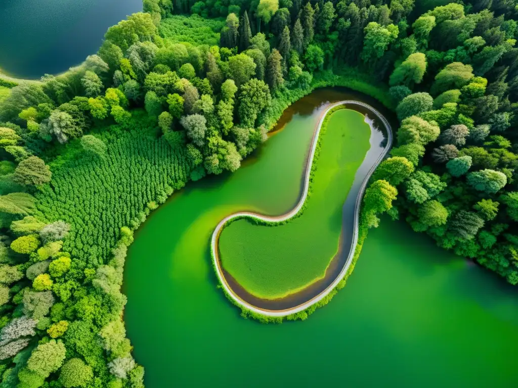 Vista aérea de exuberante bosque y ríos, capturada por dron