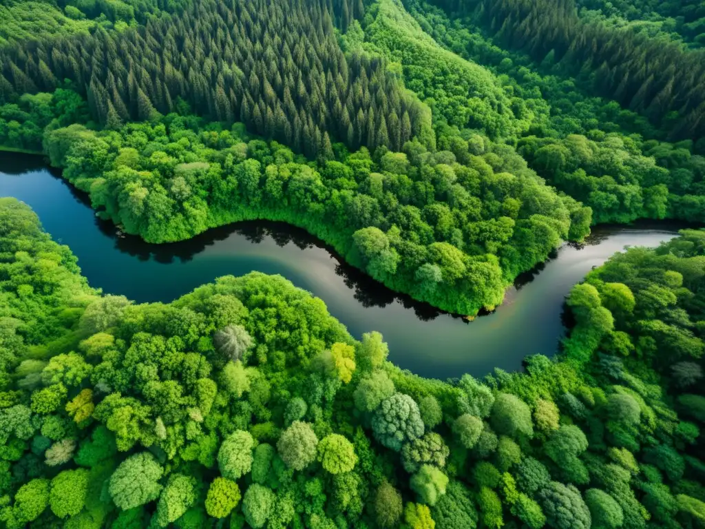 Vista aérea de un exuberante bosque con ríos serpenteantes y topografía diversa, destacando la complejidad de los ecosistemas