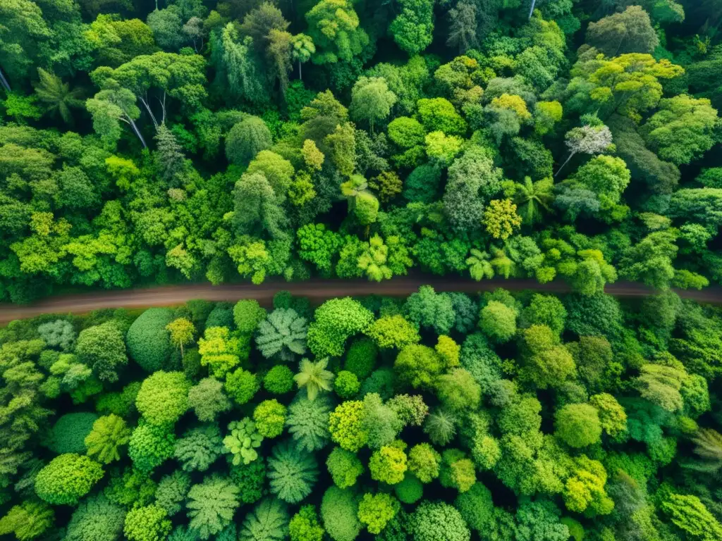 Vista aérea de un exuberante bosque biodiverso, destacando la red de vida y la importancia del monitoreo ecosistémico con satélites y drones