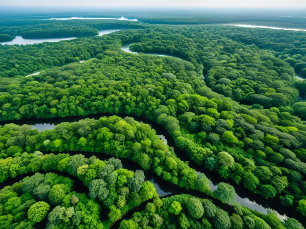 Vista aérea de un exuberante bosque verde con río serpenteante