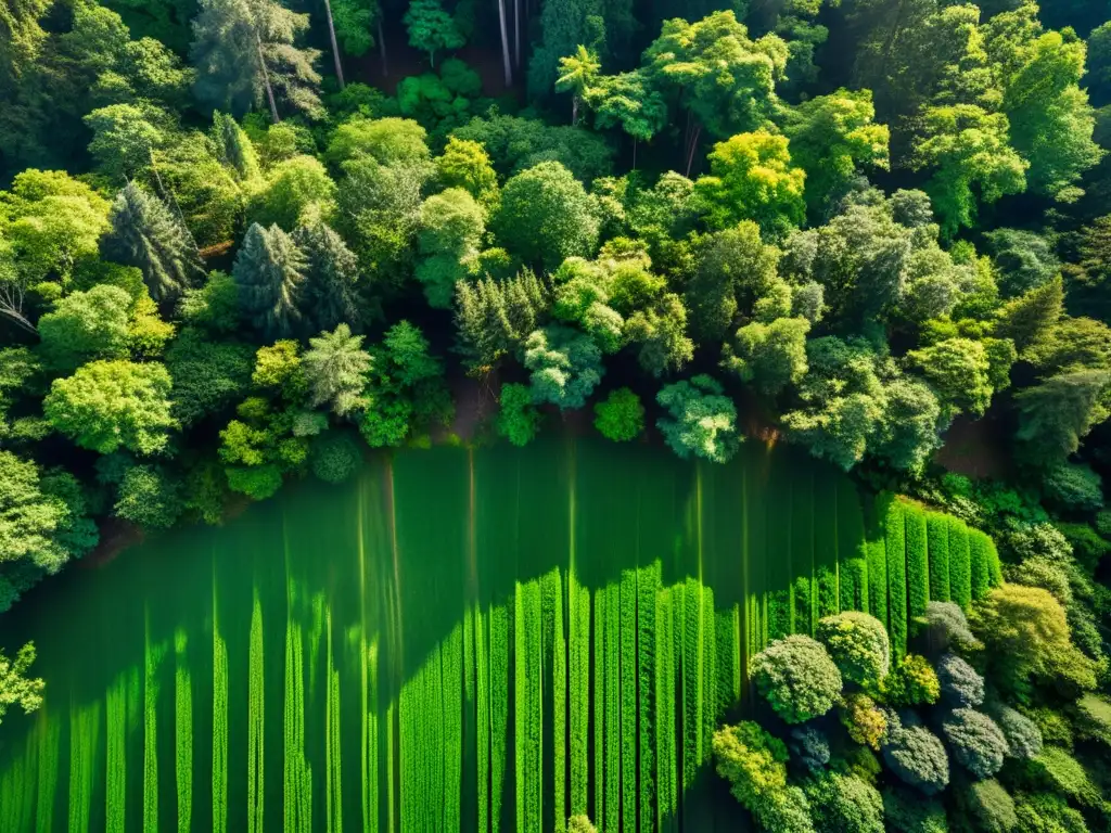 Vista aérea de un exuberante bosque biodiverso con luz solar filtrándose entre las hojas