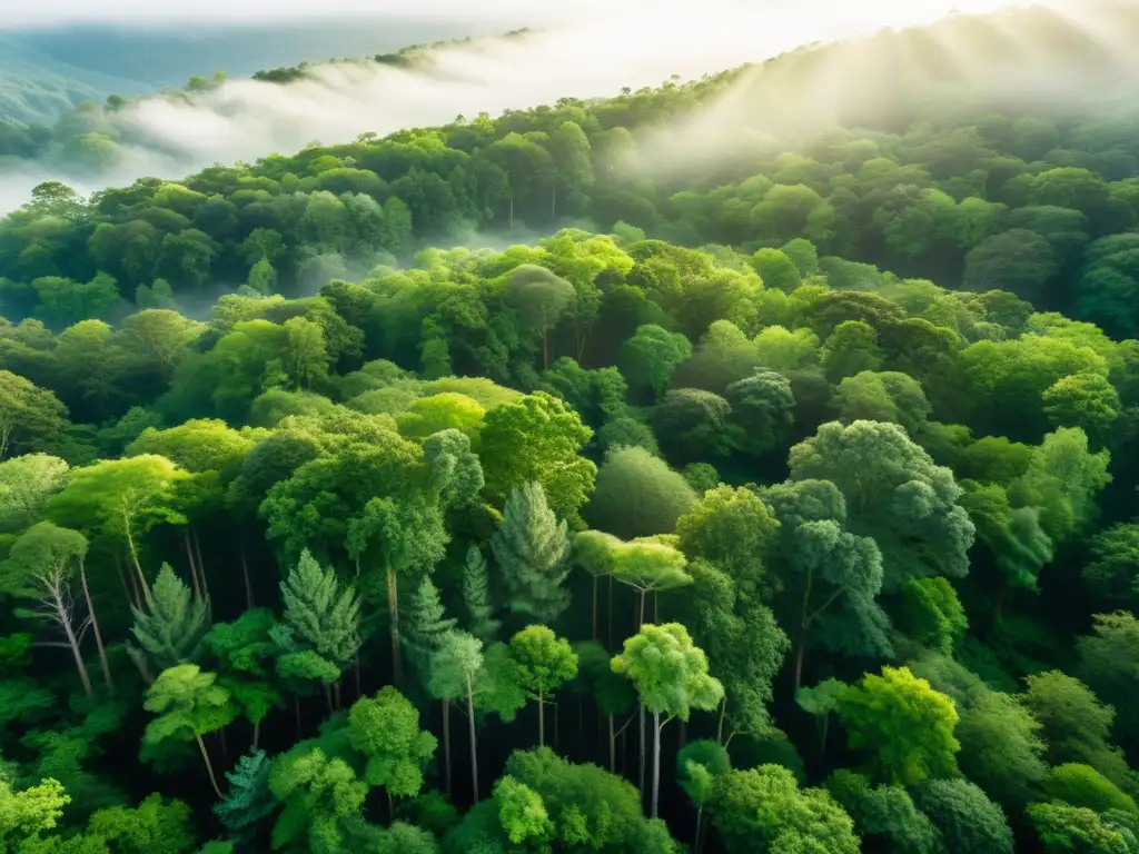 Vista aérea de exuberante bosque verde con luz solar filtrándose a través del dosel, creando patrones de luz en el suelo