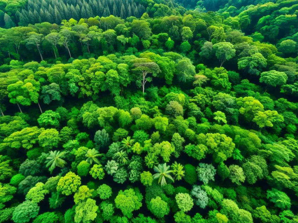 Vista aérea de un exuberante bosque con rayos de sol que resaltan matices verdes