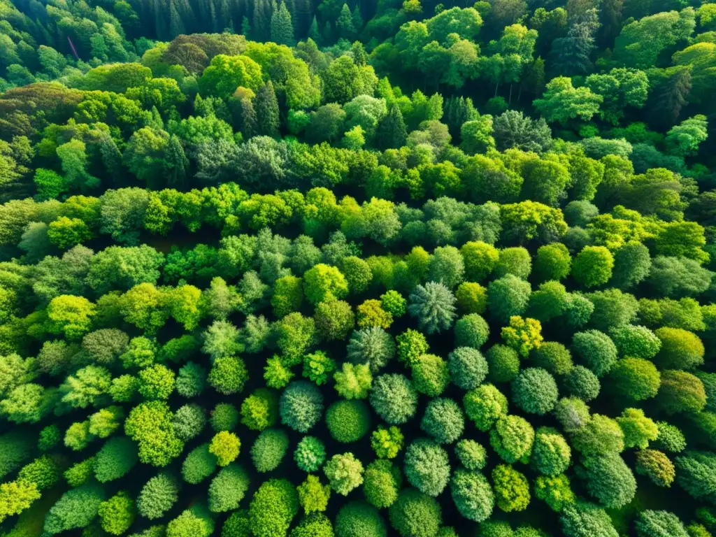 Vista aérea de un exuberante bosque, resaltando su biodiversidad y la importancia económica de los servicios ecosistémicos forestales