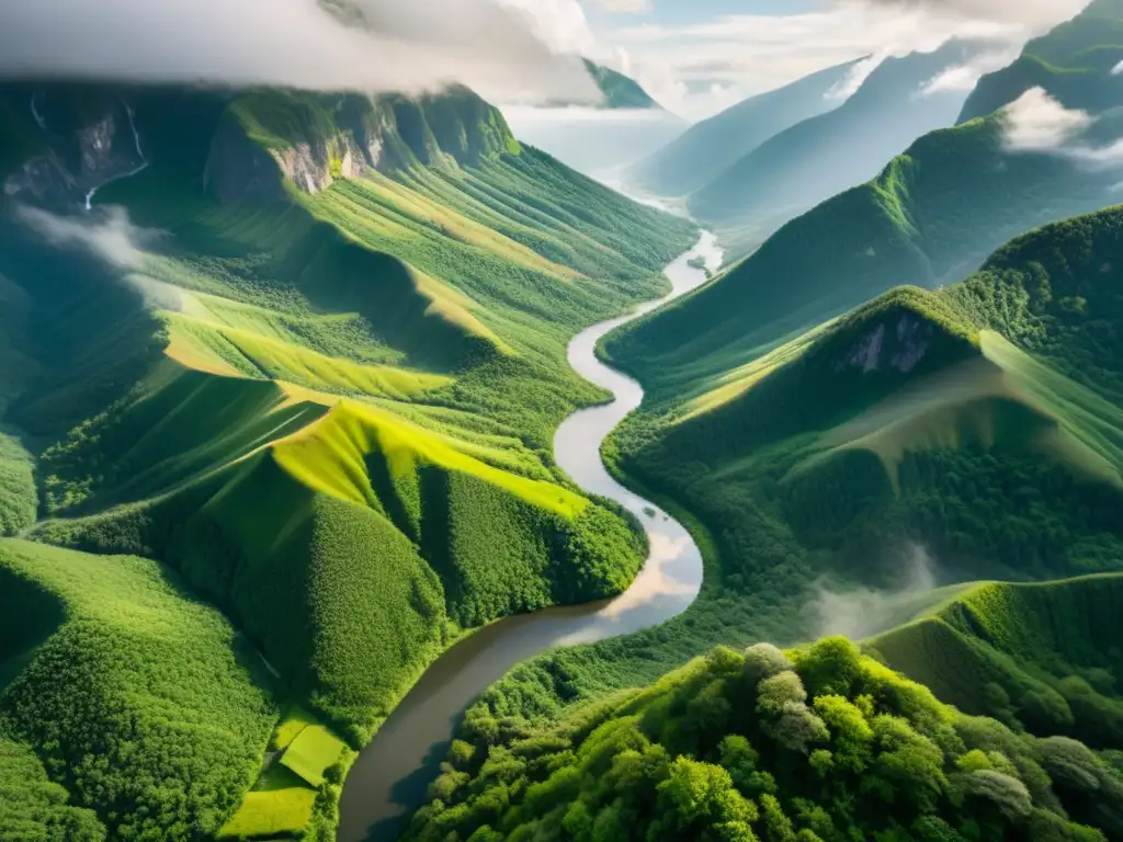 Vista aérea de una exuberante cordillera verde, con nubes envolviendo las cimas y un río serpenteando en el valle