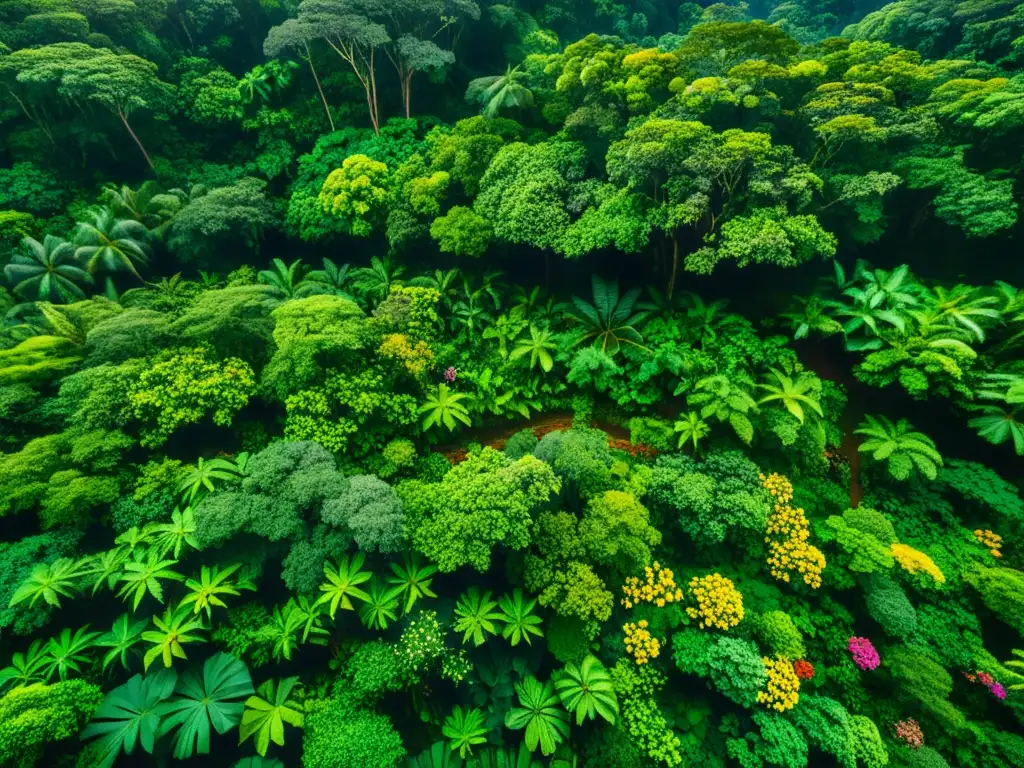 Vista aérea de un exuberante dosel de selva tropical con flores coloridas