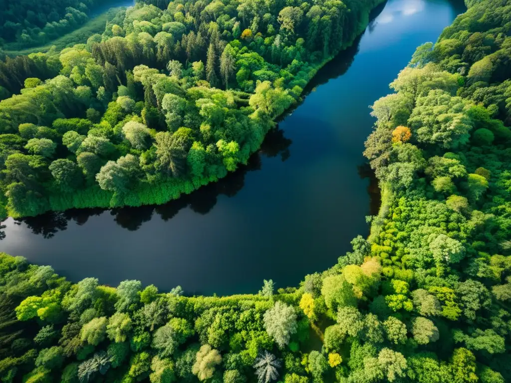 Vista aérea de un exuberante ecosistema, con bosques verdes, ríos serpenteantes y vida silvestre diversa