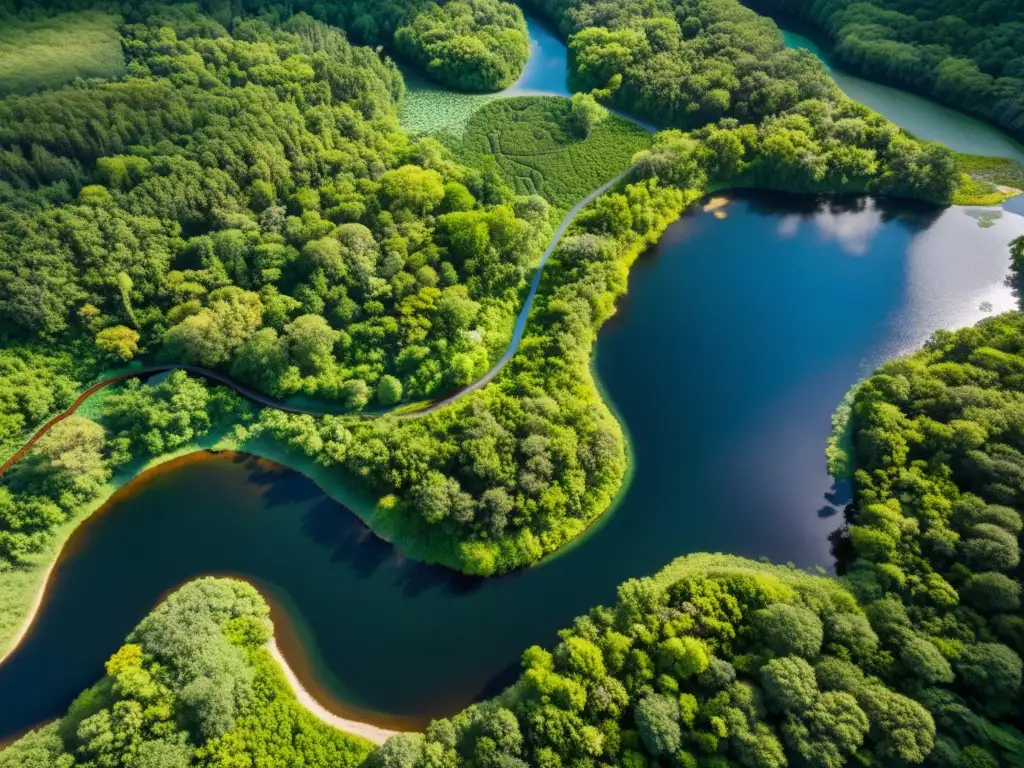 Vista aérea de un exuberante ecosistema, con bosques, ríos y humedales