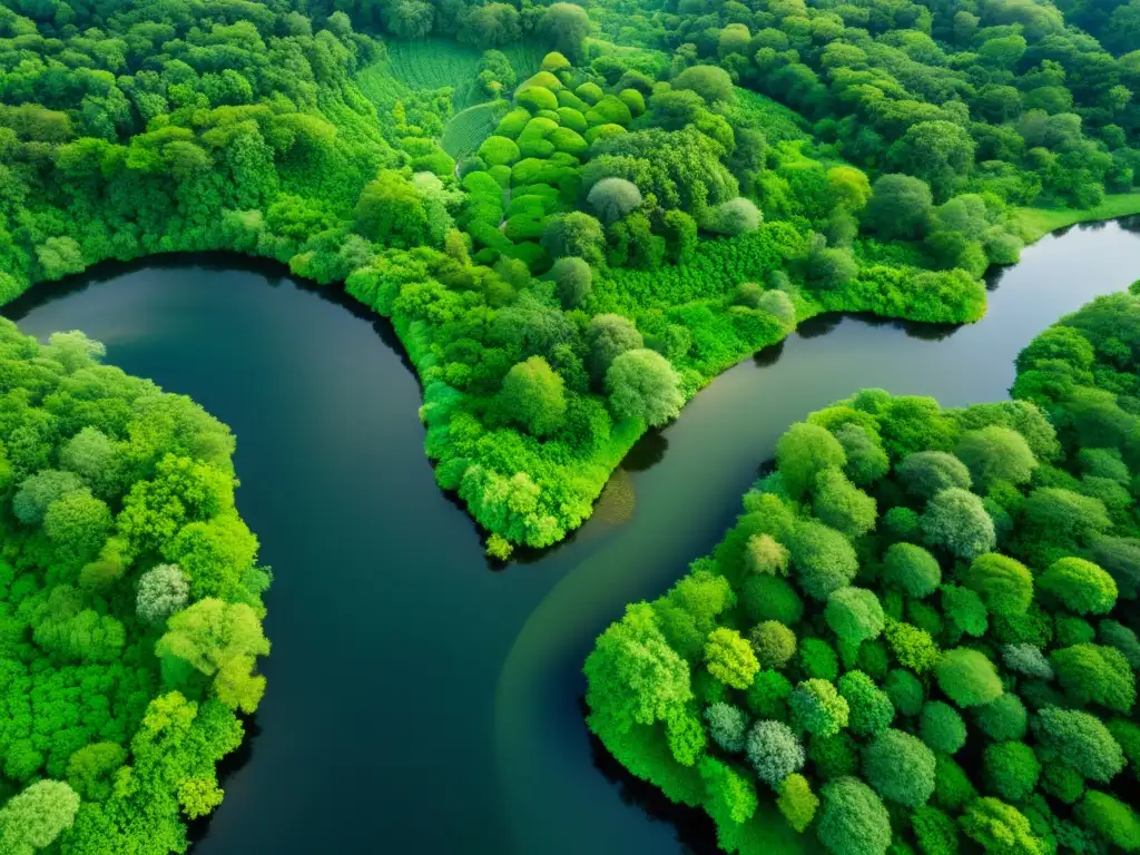 Vista aérea de un exuberante ecosistema con río serpenteante