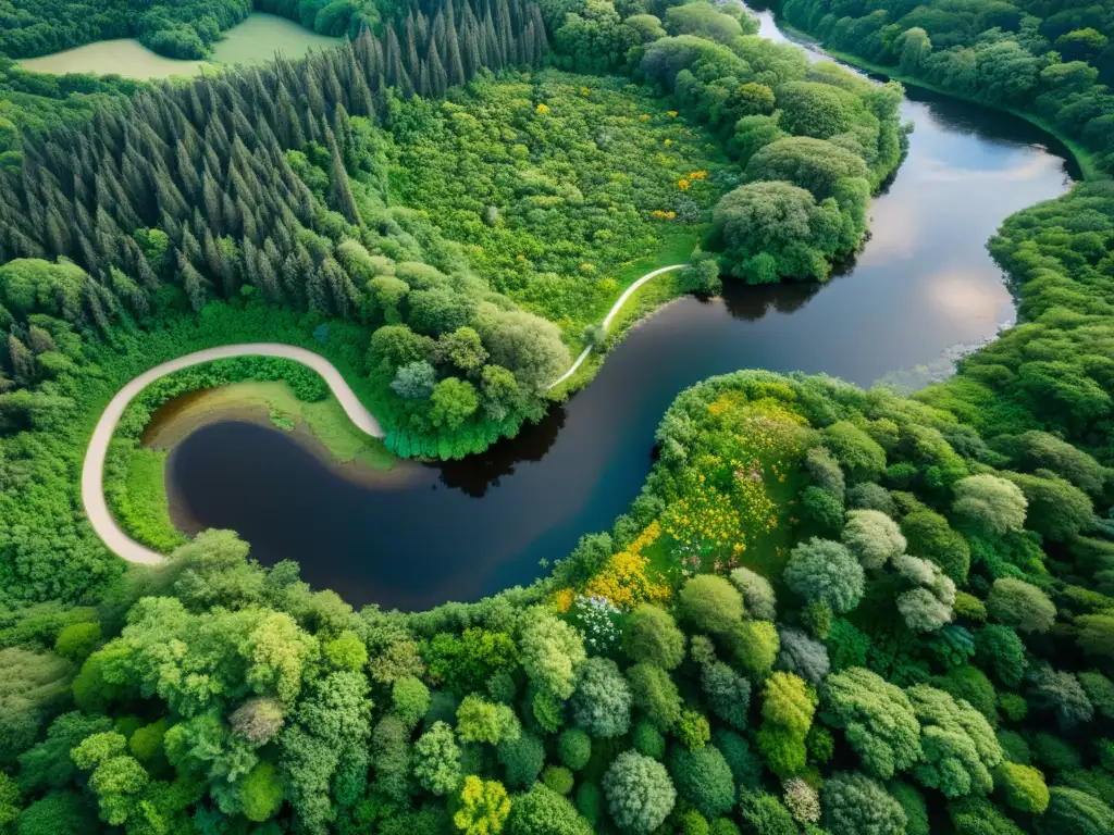 Vista aérea de exuberante ecosistema con río, resaltando biodiversidad y belleza natural