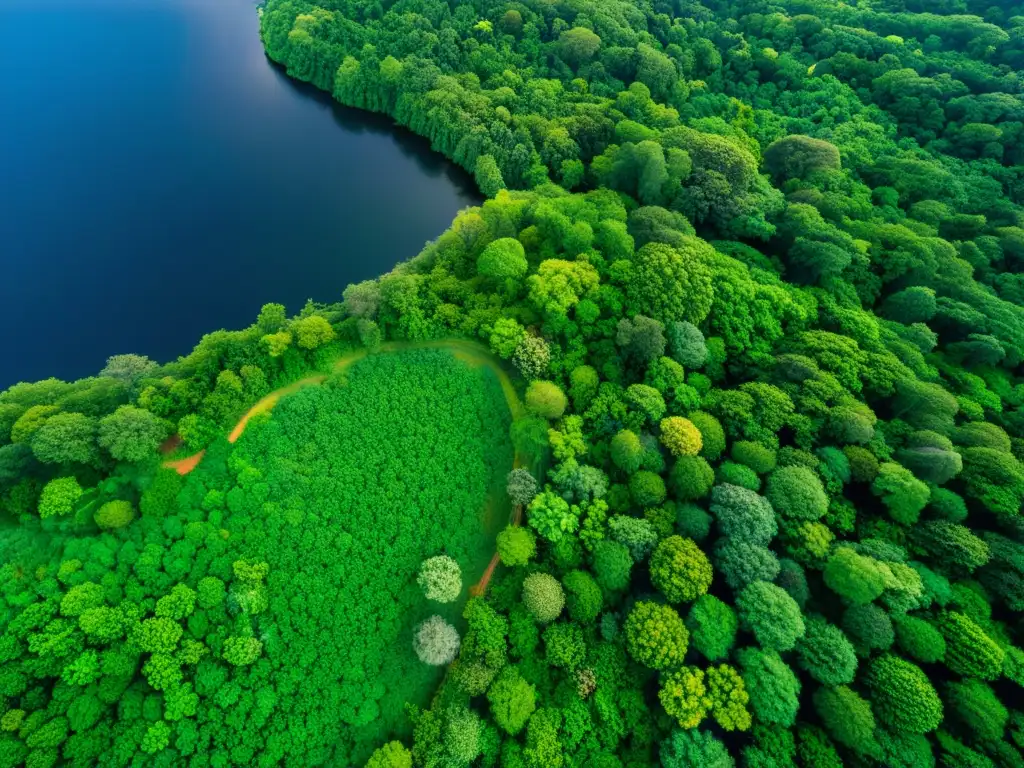 Vista aérea de exuberante ecosistema con diversidad de especies vegetales, árboles y vida silvestre