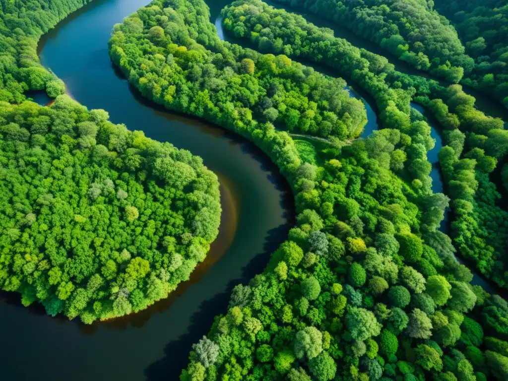 Vista aérea de un exuberante ecosistema con ríos, bosques y montañas