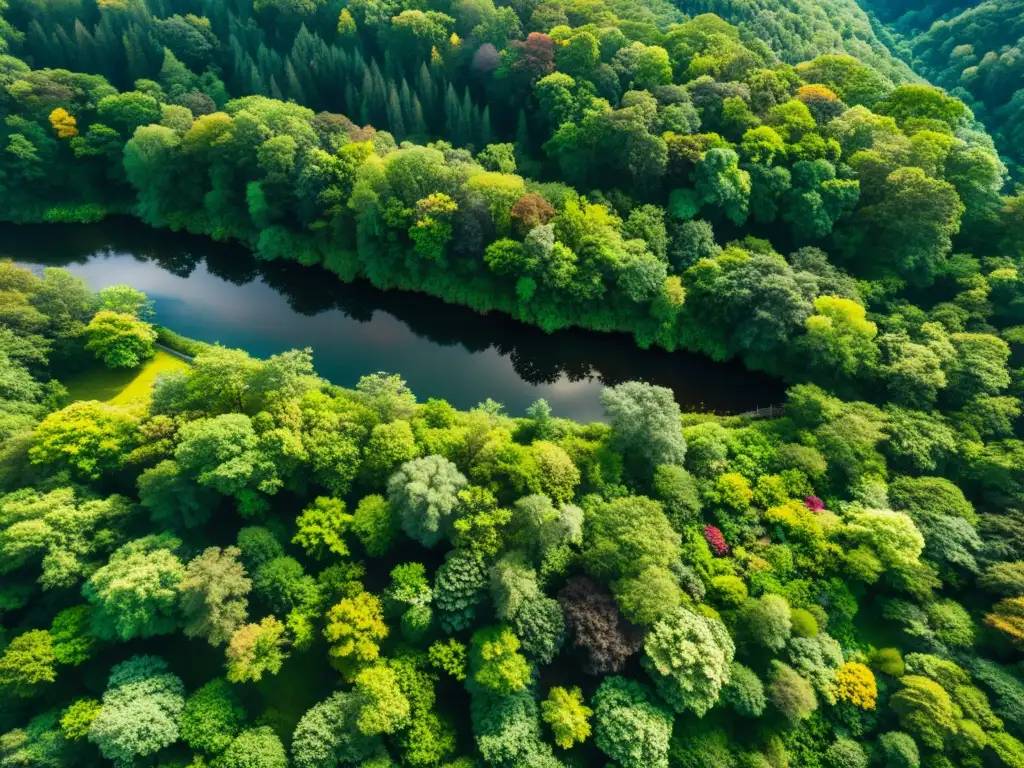 Vista aérea de exuberante y extenso bosque con dosel vibrante y diversa vegetación