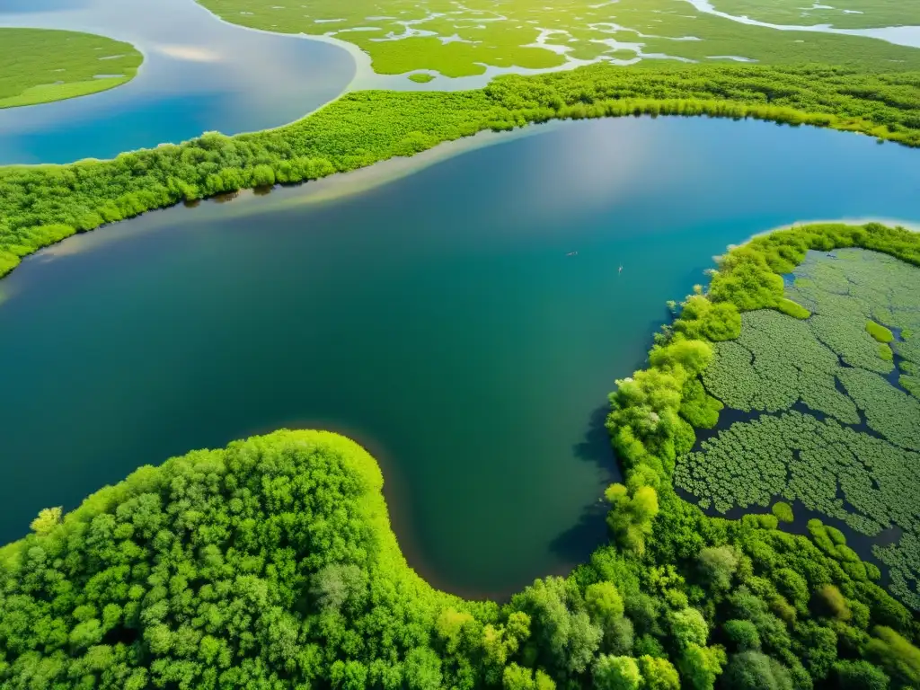 Vista aérea de un exuberante humedal, con aves acuáticas y plantas acuáticas