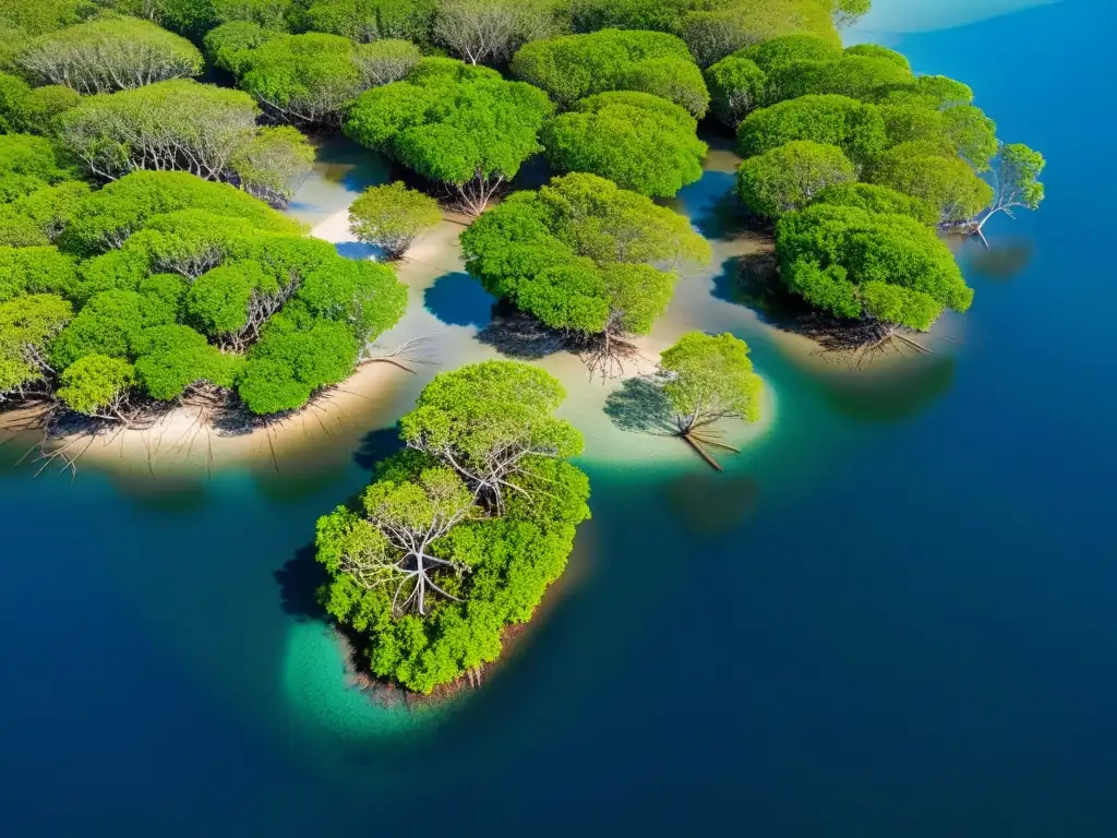 Vista aérea de un exuberante manglar con intrincadas raíces y ramas, contrastando el verde vibrante con el azul del agua