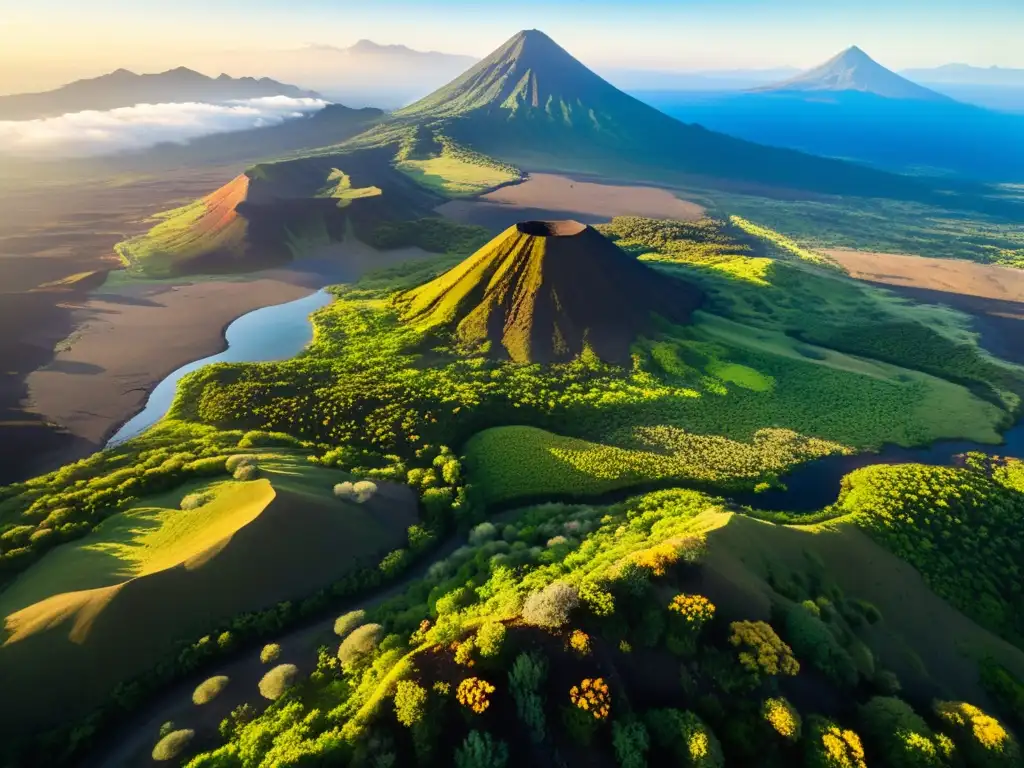 Vista aérea de exuberante paisaje volcánico con diversa vegetación y flores silvestres, destacando la recuperación de ecosistemas en zonas volcánicas