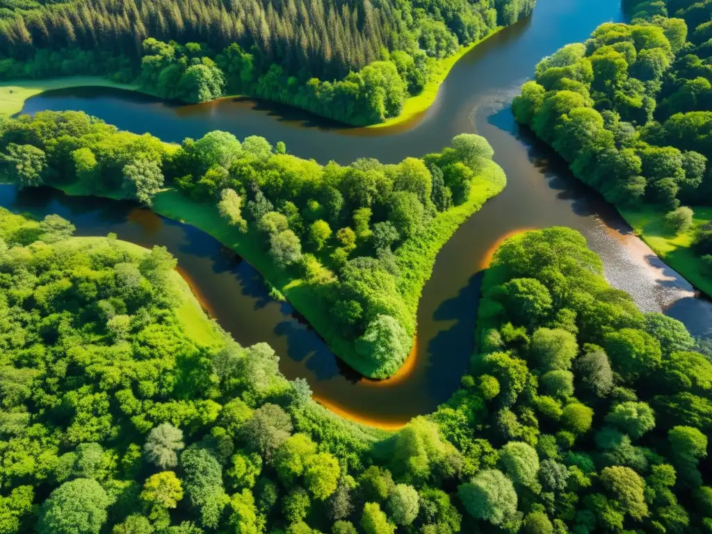 Vista aérea de exuberante paisaje natural con río serpenteante y densa vegetación