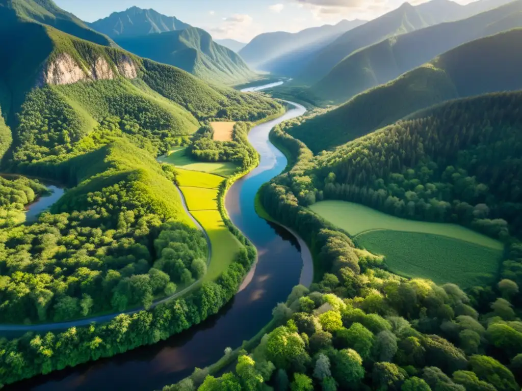 Vista aérea de un exuberante paisaje verde con río, bosque y montañas