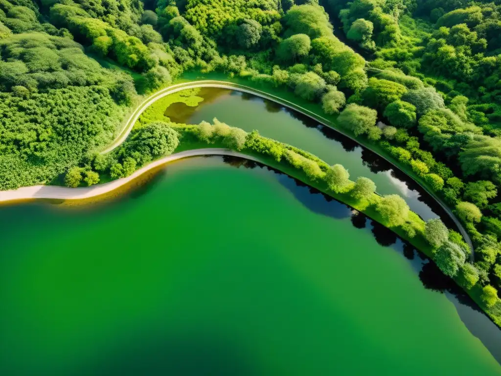 Vista aérea de un exuberante paisaje con un río serpenteante, mostrando la coexistencia armoniosa entre la naturaleza y el desarrollo humano, destacando el impacto social y ambiental responsable