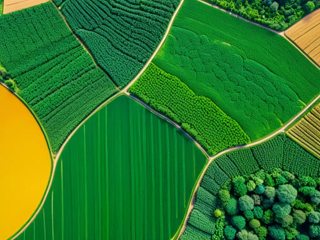 Vista aérea de exuberante paisaje agrícola, con cultivos de colores y sistemas de riego