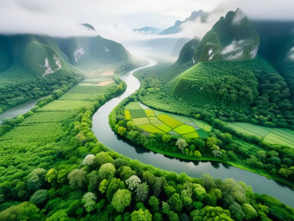 Río serpenteante en exuberante paisaje verde Vista aérea de un exuberante paisaje verde con un río serpenteante