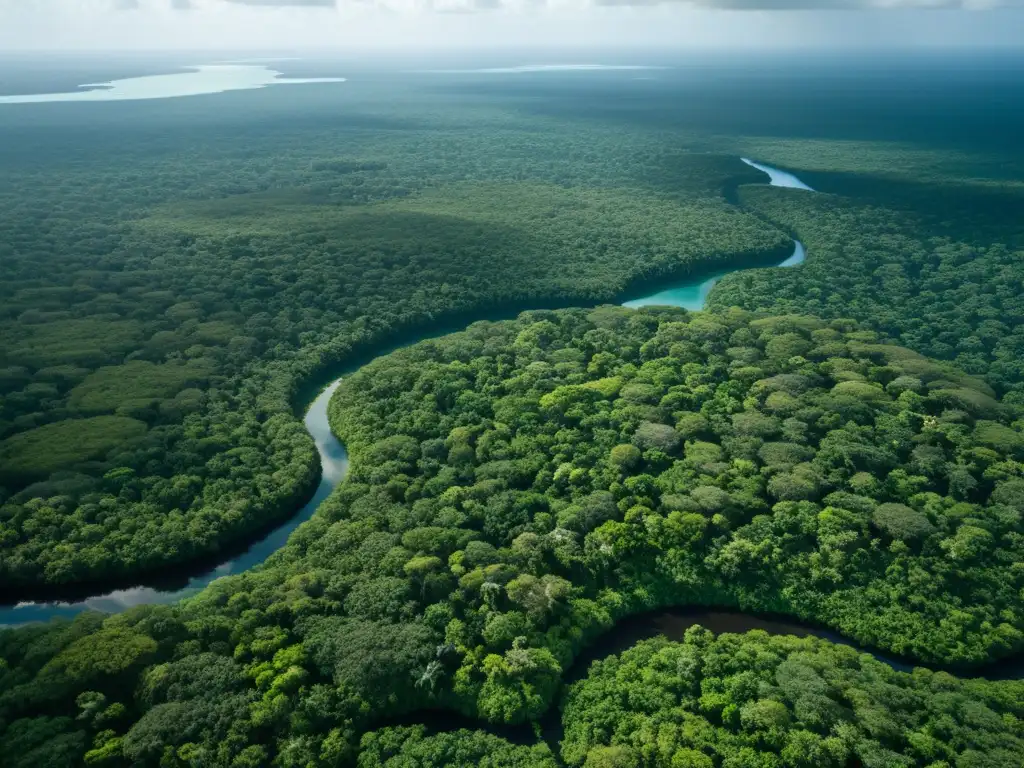 Vista aérea de la exuberante Reserva Biosfera Maya, con densa selva tropical y ríos serpenteantes