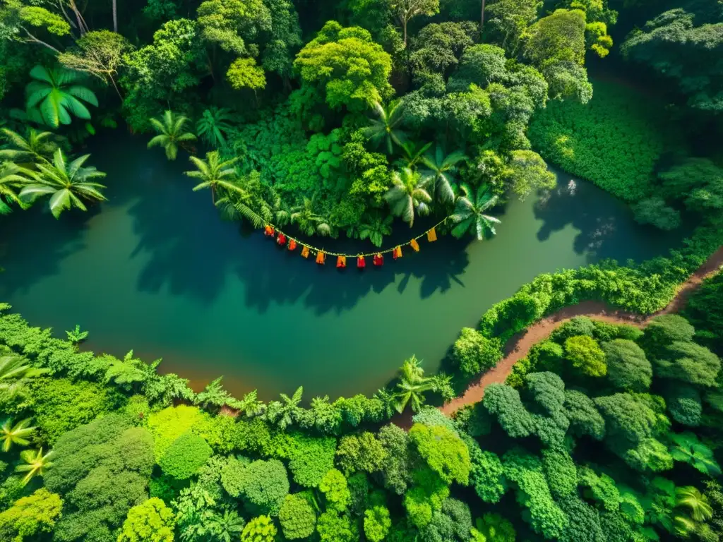 Vista aérea de exuberante selva tropical, biodiversidad y comunidad indígena unida en lucha por la conservación de la tierra