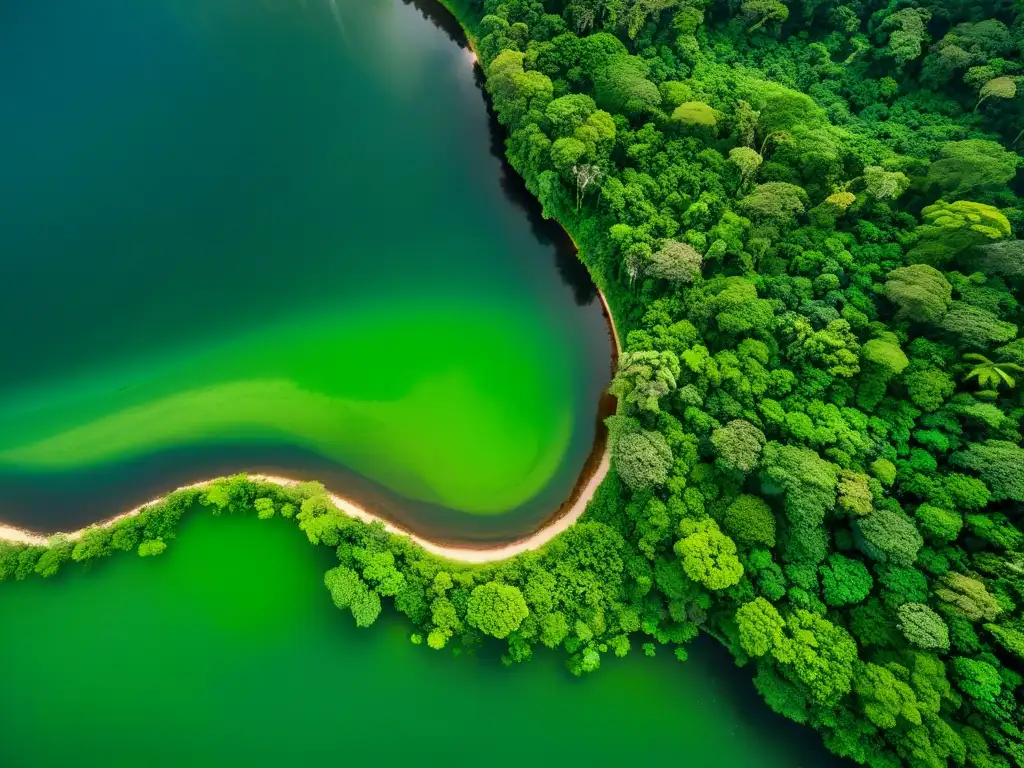 Vista aérea de exuberante selva tropical, con luz filtrándose entre el dosel y creando un juego de luces y sombras en el frondoso follaje