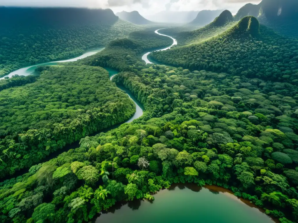 Vista aérea de exuberante selva con río serpenteante