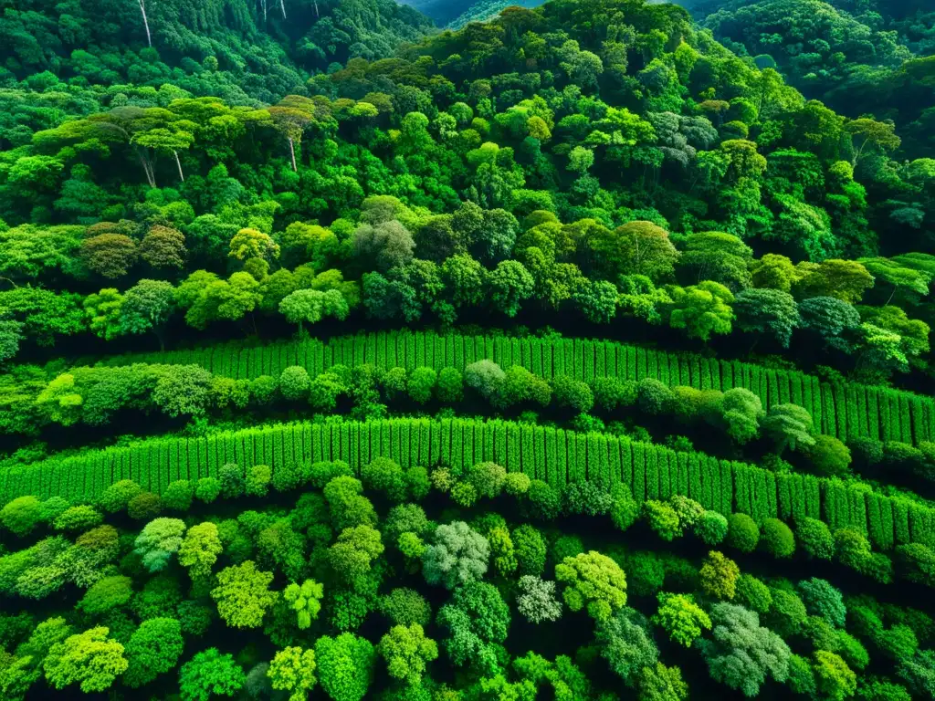 Vista aérea de exuberante selva verde con biodiversidad y cielo azul