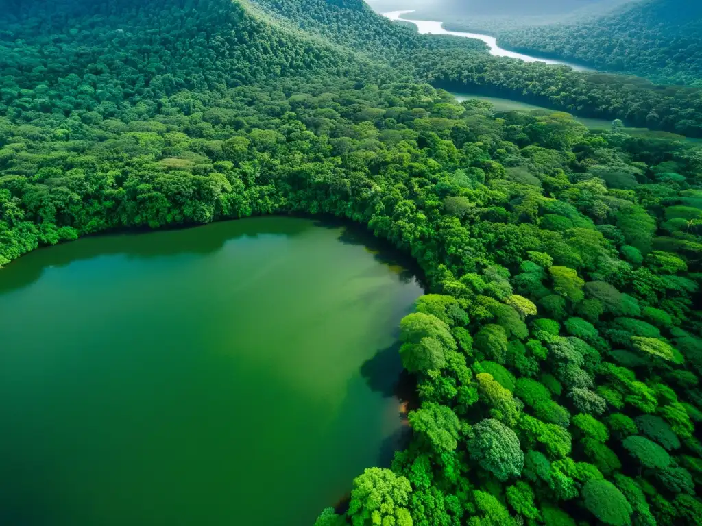 Vista aérea de exuberante selva con ríos serpenteantes, transmitiendo la importancia de ONGs conservación efectiva políticas