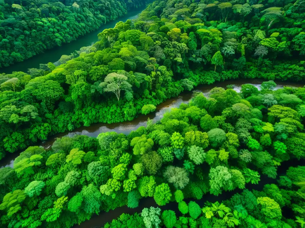 Vista aérea de exuberante selva con ríos serpenteantes, resaltando la necesidad de herramientas tecnológicas para conservar ecosistemas