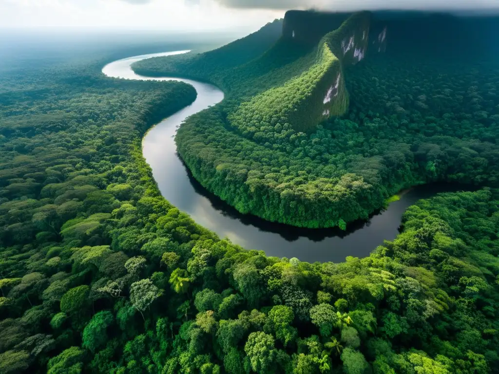 Vista aérea de una exuberante selva con río serpenteante