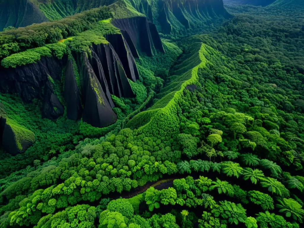 Vista aérea de exuberante selva hawaiana y rocas volcánicas, mostrando contraste entre ecosistemas de Hawai lava vida