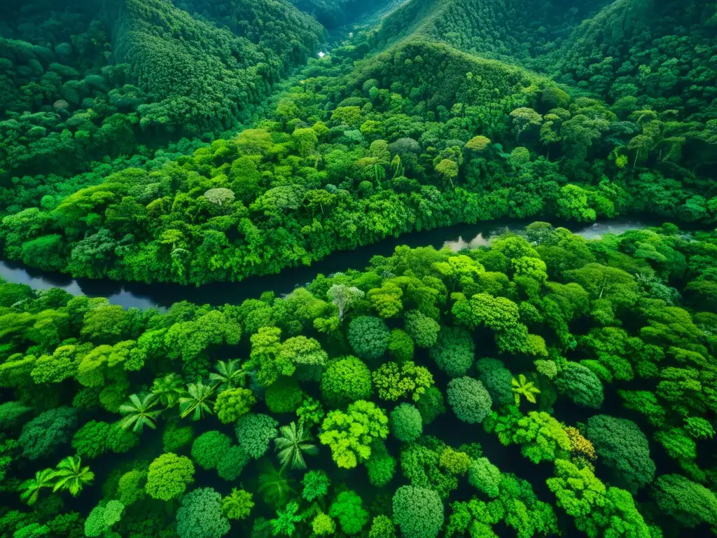 Vista aérea de la exuberante selva tropical, destacando las interconexiones ecológicas y la biodiversidad vibrante