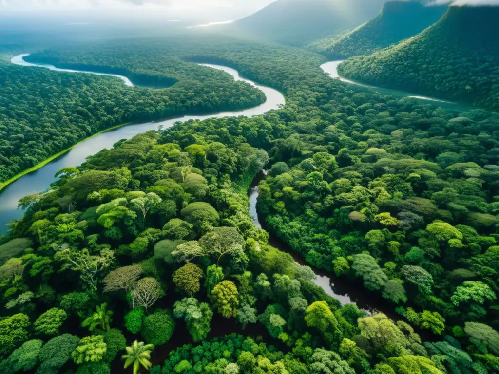 Vista aérea de exuberante selva tropical con diversidad de árboles, fauna y un río