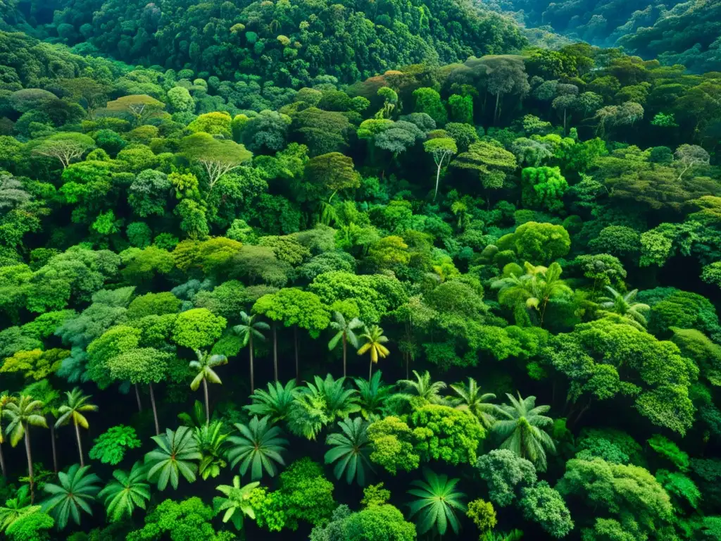 Vista aérea de exuberante selva con diversidad de árboles y follaje verde