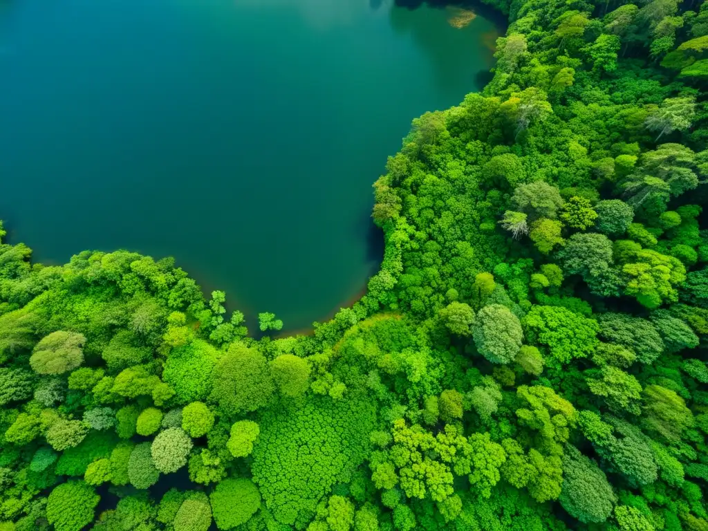 Vista aérea de exuberante selva con diversidad de árboles y río