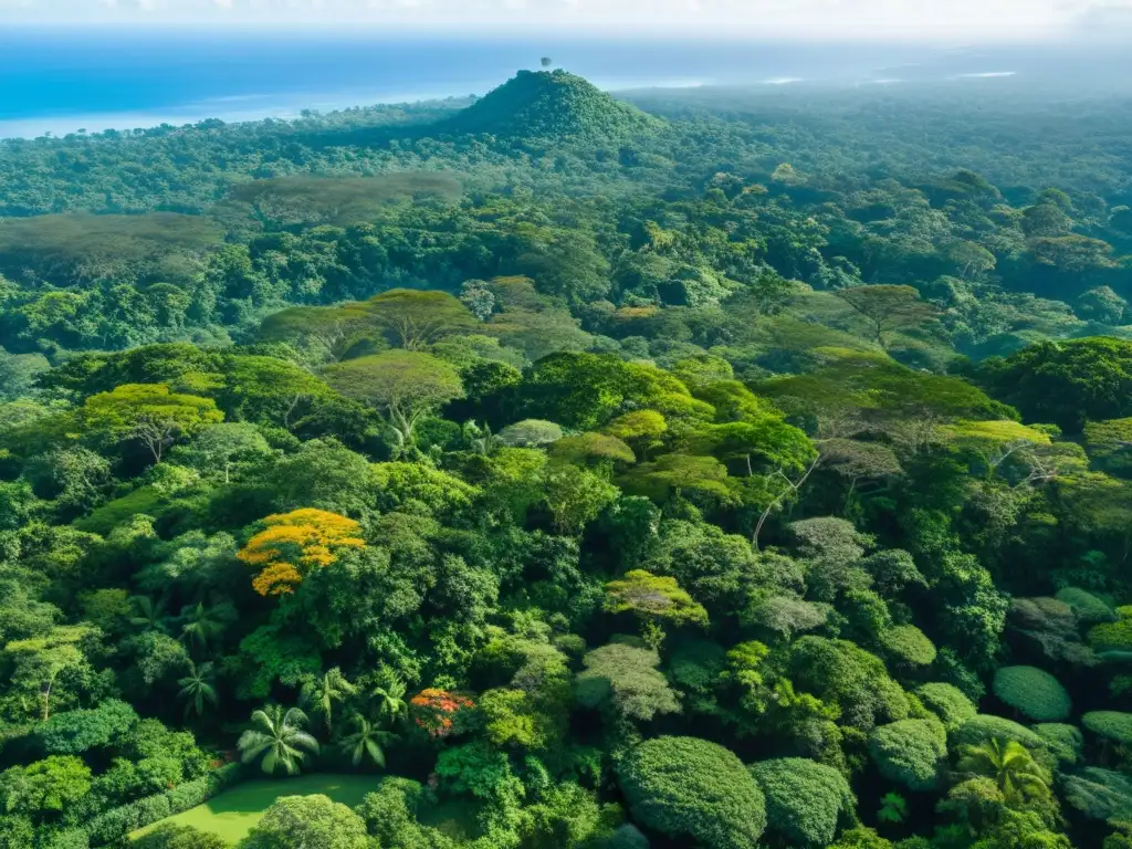 Vista aérea de la exuberante selva de la Biosfera Maya, con antiguas ruinas mayas entre la frondosa vegetación