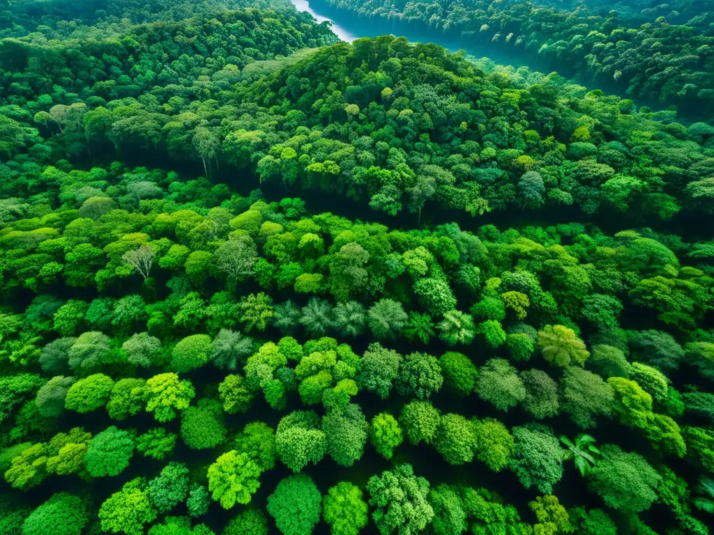 Vista aérea de exuberante selva con sol filtrándose entre el follaje