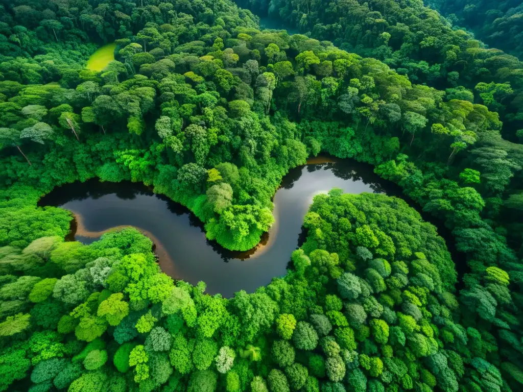 Vista aérea de exuberante selva, ríos serpenteantes y luz filtrándose