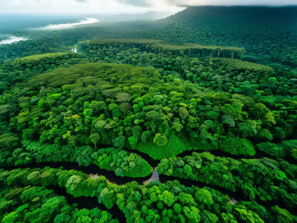 Vista aérea de exuberante selva con ríos serpenteantes, biodiversidad y comunidades locales, representando turismo sostenible y economía local