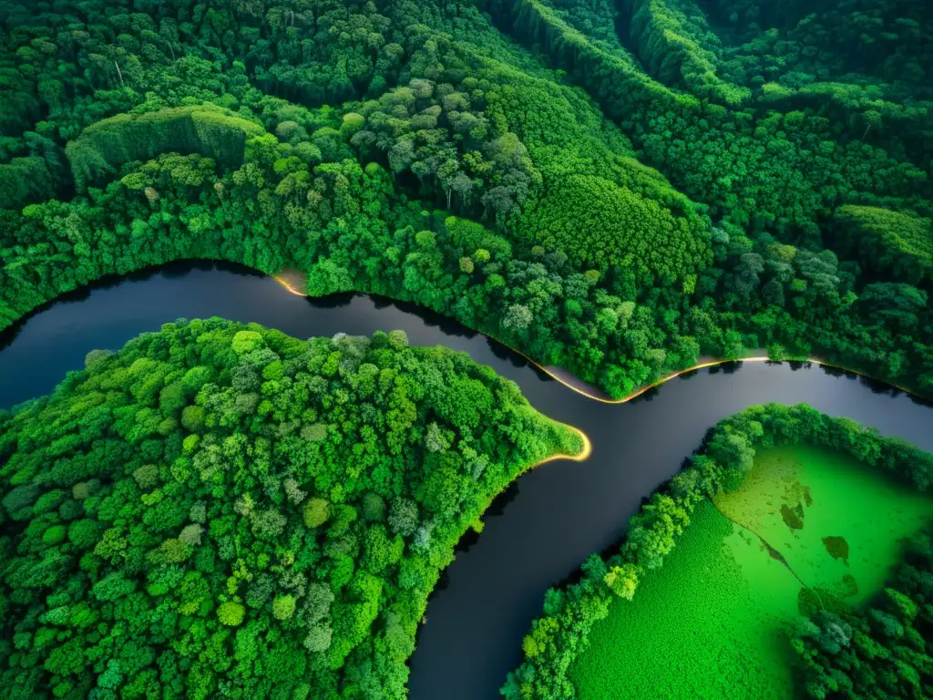 Vista aérea de exuberante selva y ríos, desde satélite