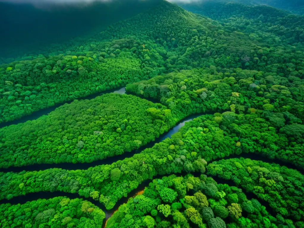 Vista aérea de exuberante selva tropical con ríos serpenteantes y una rica diversidad de vegetación