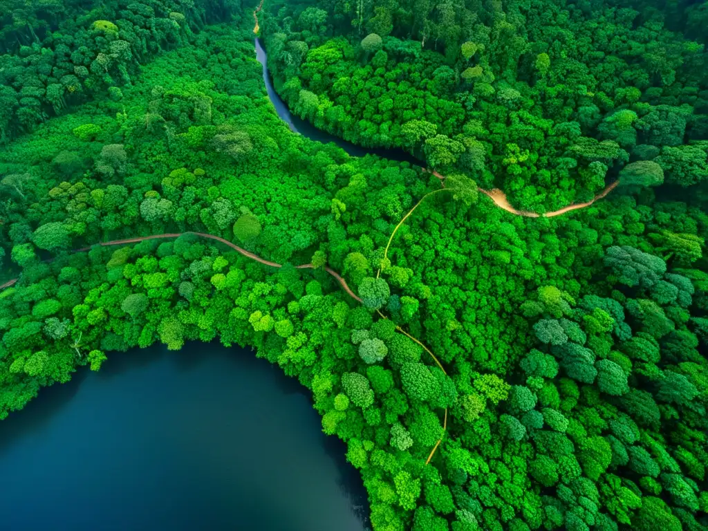 Vista aérea de exuberante selva tropical, con red de árboles, ríos y vida silvestre