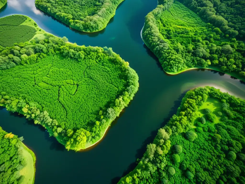 Vista aérea de un exuberante sistema fluvial rodeado de vegetación verde vibrante, resaltando la importancia económica de los ecosistemas acuáticos