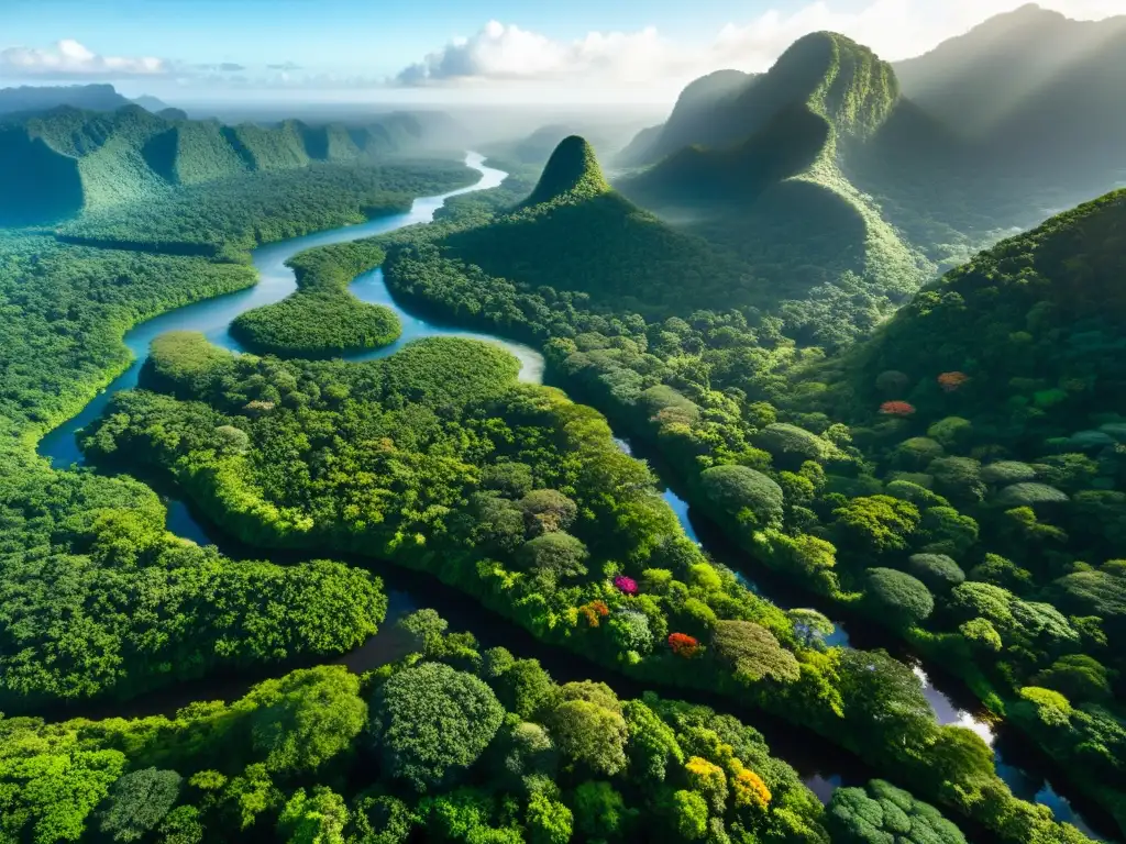 Vista aérea de un exuberante y vibrante dosel de selva tropical, con el sol iluminando el follaje y un río serpenteante