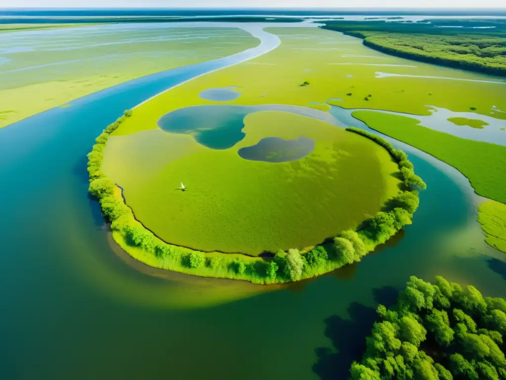 Vista aérea de la exuberante conservación de zonas húmedas con diversidad de aves y vida silvestre, capturada por un dron