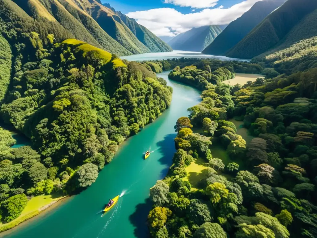 Vista aérea de exuberantes bosques, ríos y montañas en Nueva Zelanda