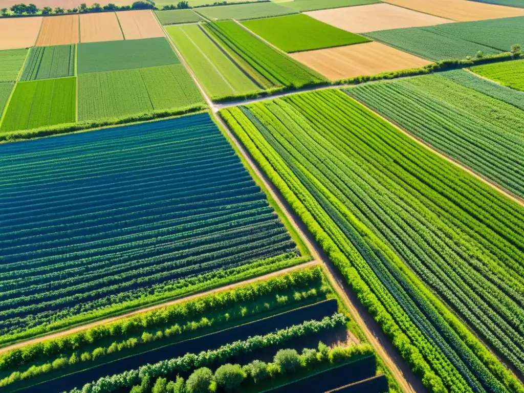 Vista aérea de exuberantes campos verdes y trabajadores en cultivos